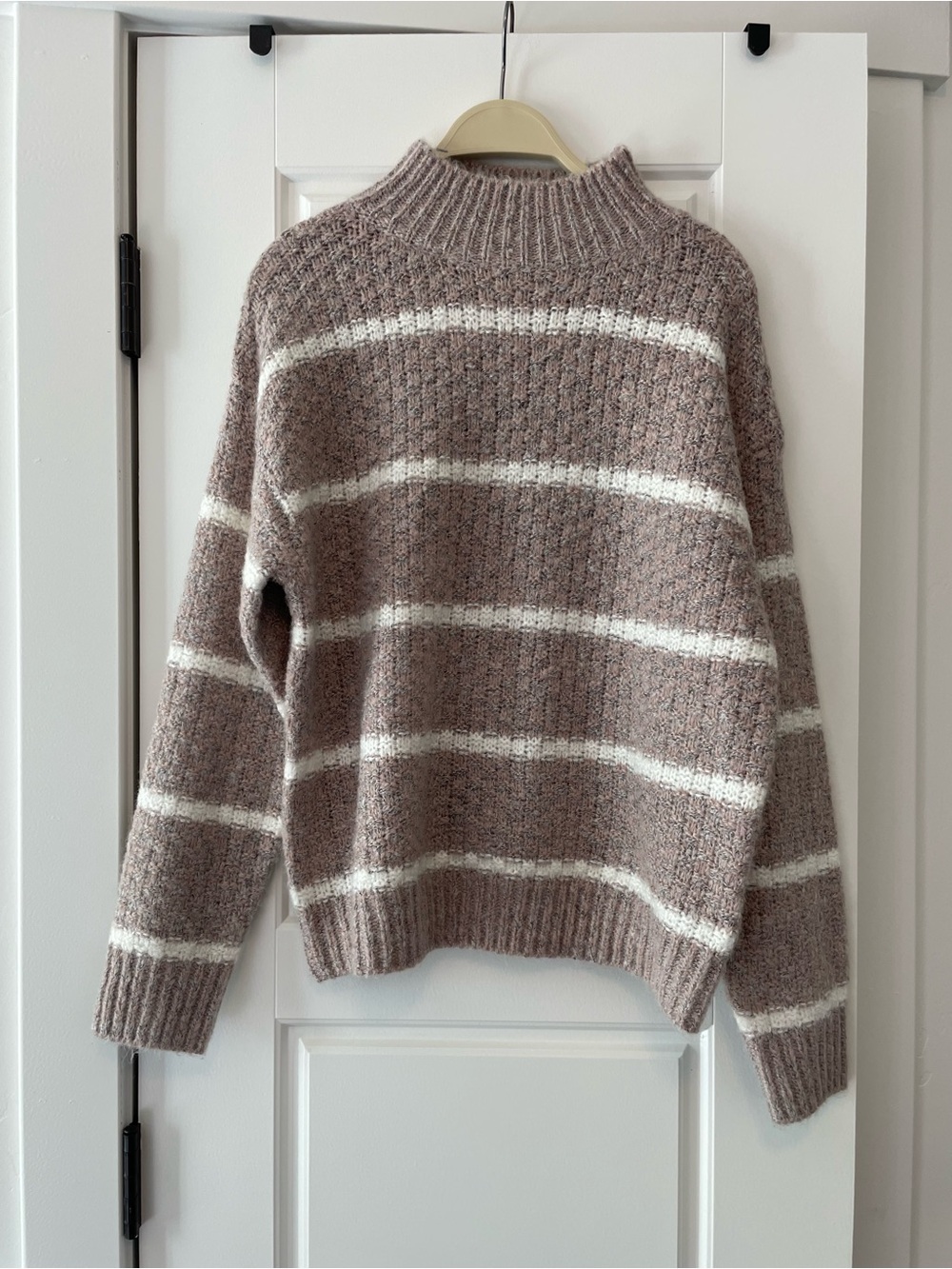 bohme Taupe and Cream Striped Mock Neck Sweater